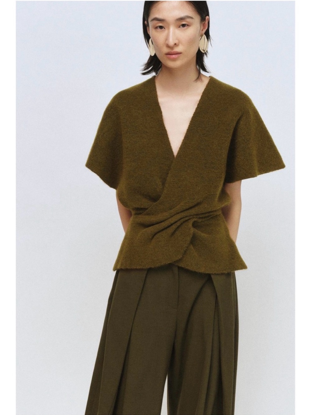 ✨NWT✨ ZARA Olive Draped Wrap Front V-Neck Knit Sweater Top - Large